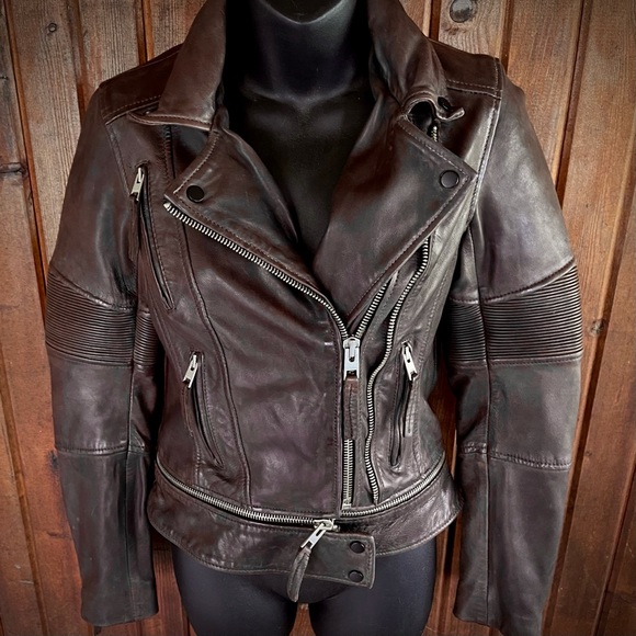 All Saints Leather Jacket Moto Biker Brown xs - Picture 4 of 15